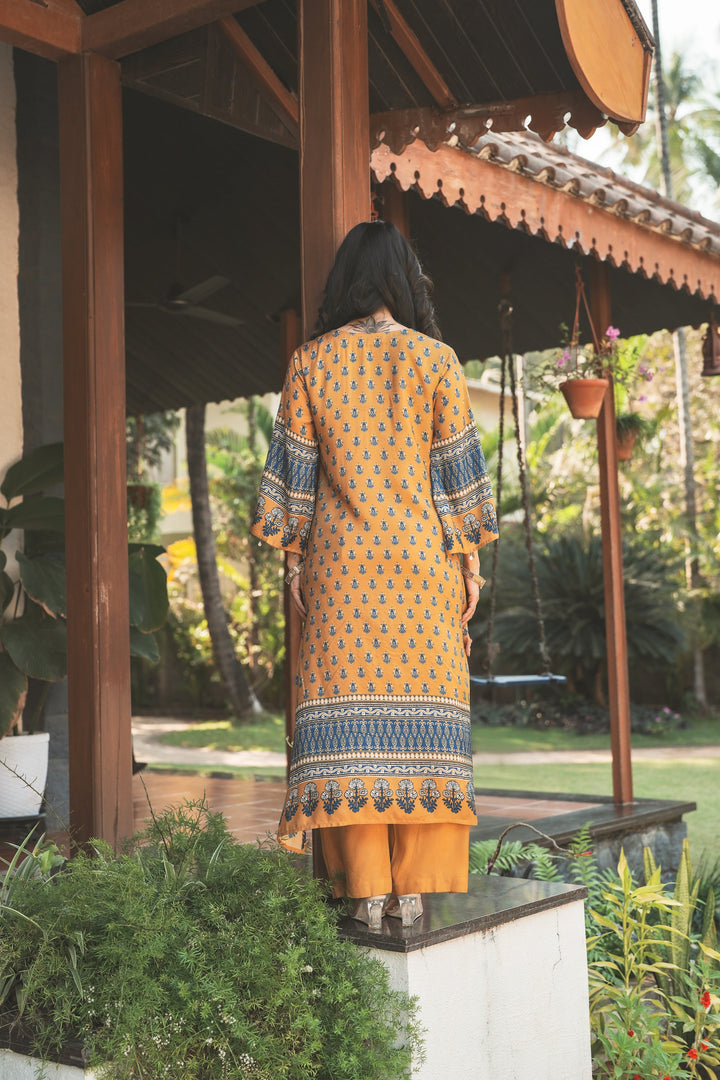 Yellow and Blue Block Print with Tassels Muslin C cut Kurta Pant Set- SET OF-2 | SHOBITAM