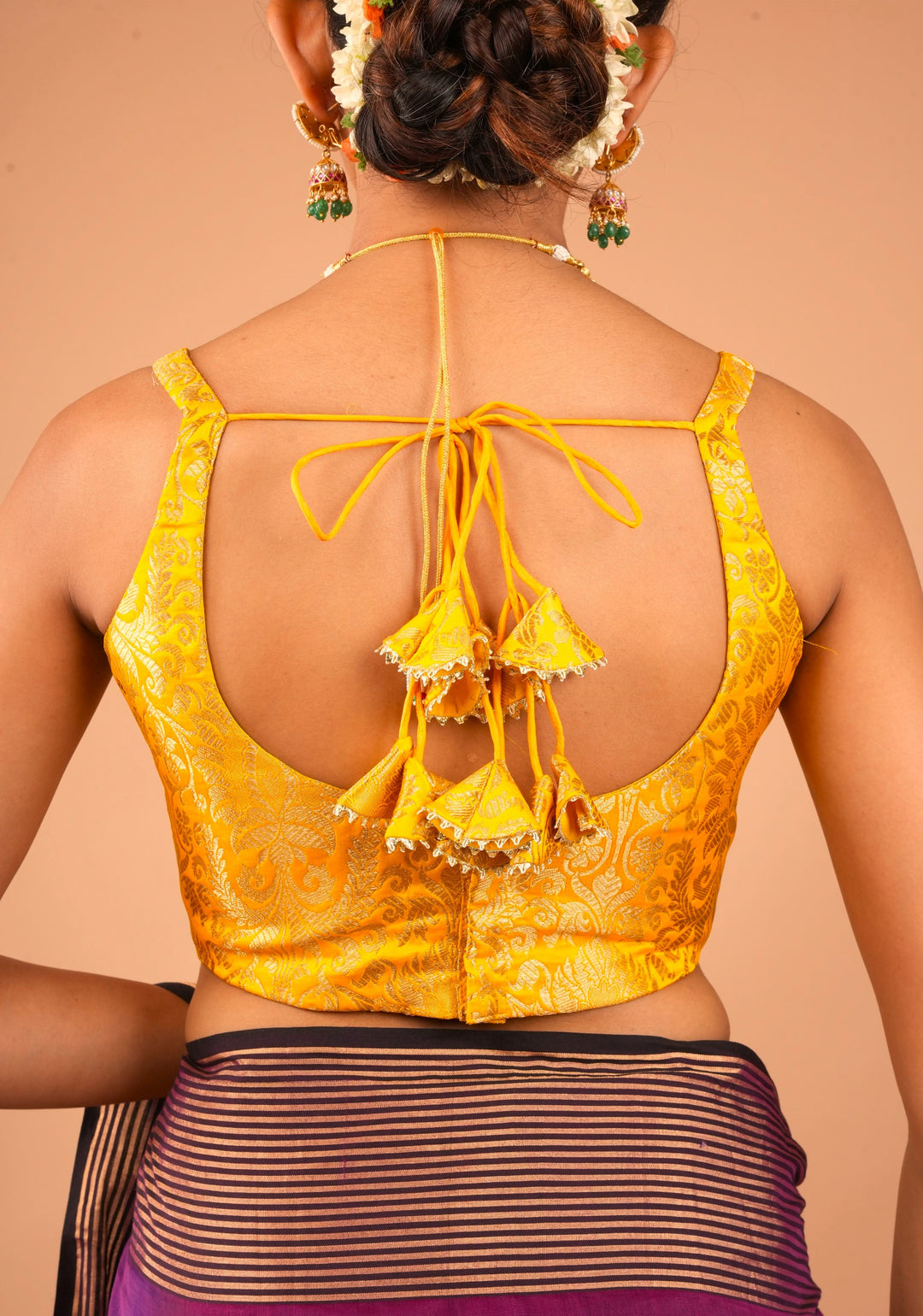 Yellow Banarasi brocade sleeveless mix and match blouse, customizable, made-to-order