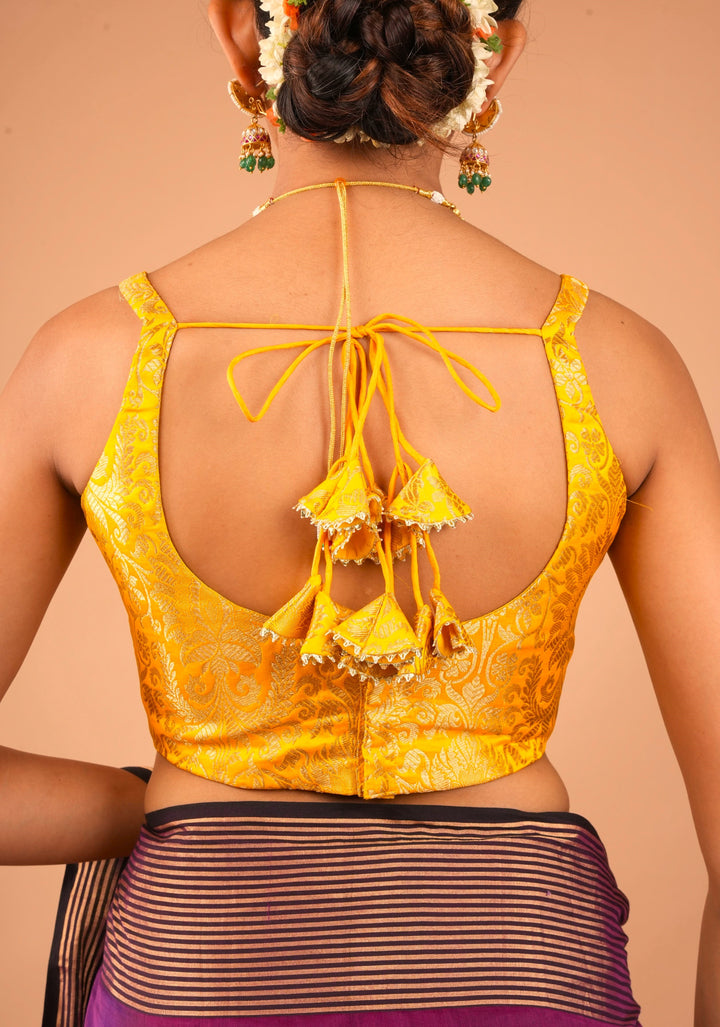 Yellow Banarasi brocade sleeveless mix and match blouse, customizable, made-to-order