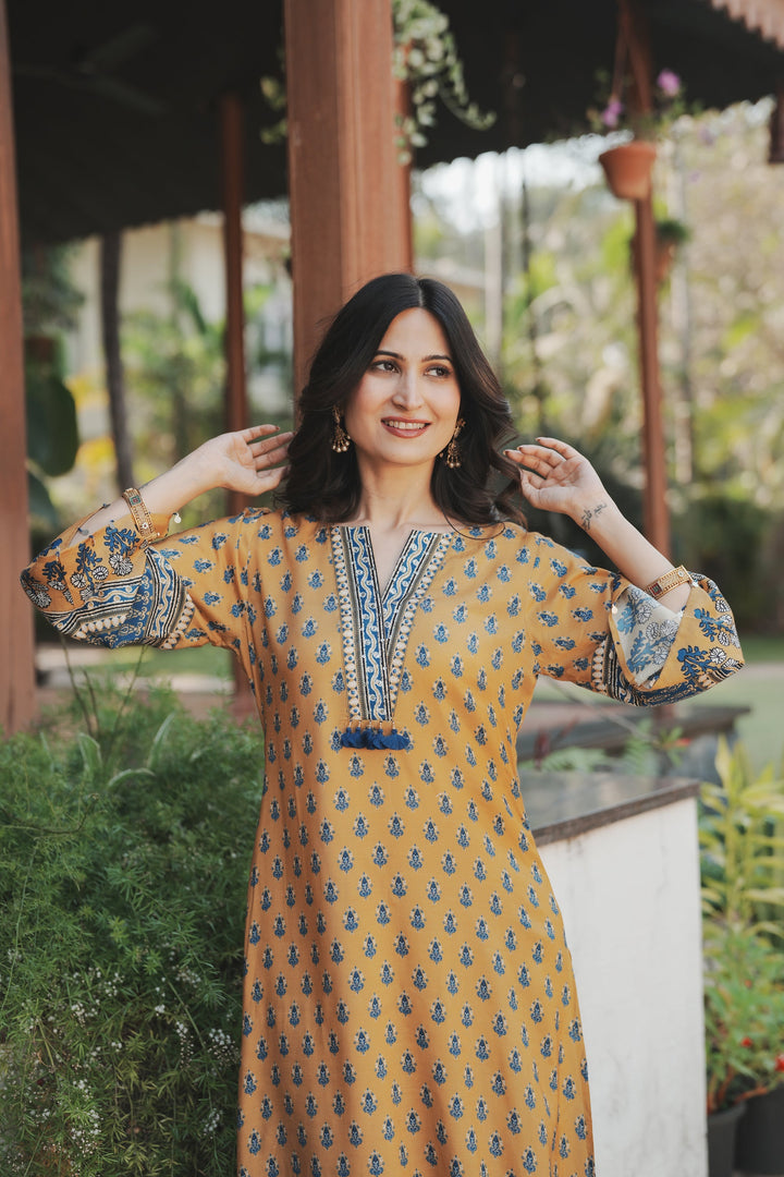 Yellow and Blue Block Print with Tassels Muslin C cut Kurta Pant Set- SET OF-2 | SHOBITAM