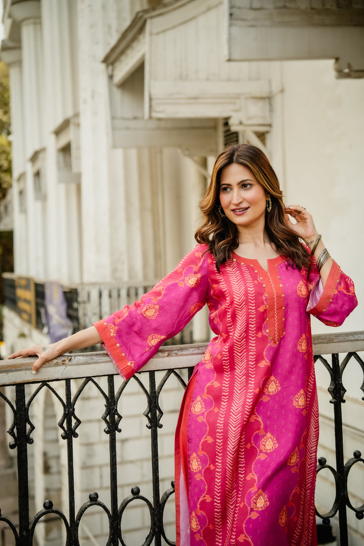 Pink and Orange Panel Print Muslin Kurta Set with Tassels on Sleeves- SET OF-2 | SHOBITAM