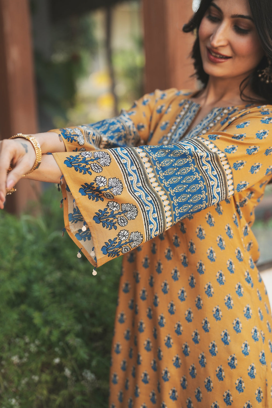 Yellow and Blue Block Print with Tassels Muslin C cut Kurta Pant Set- SET OF-2 | SHOBITAM
