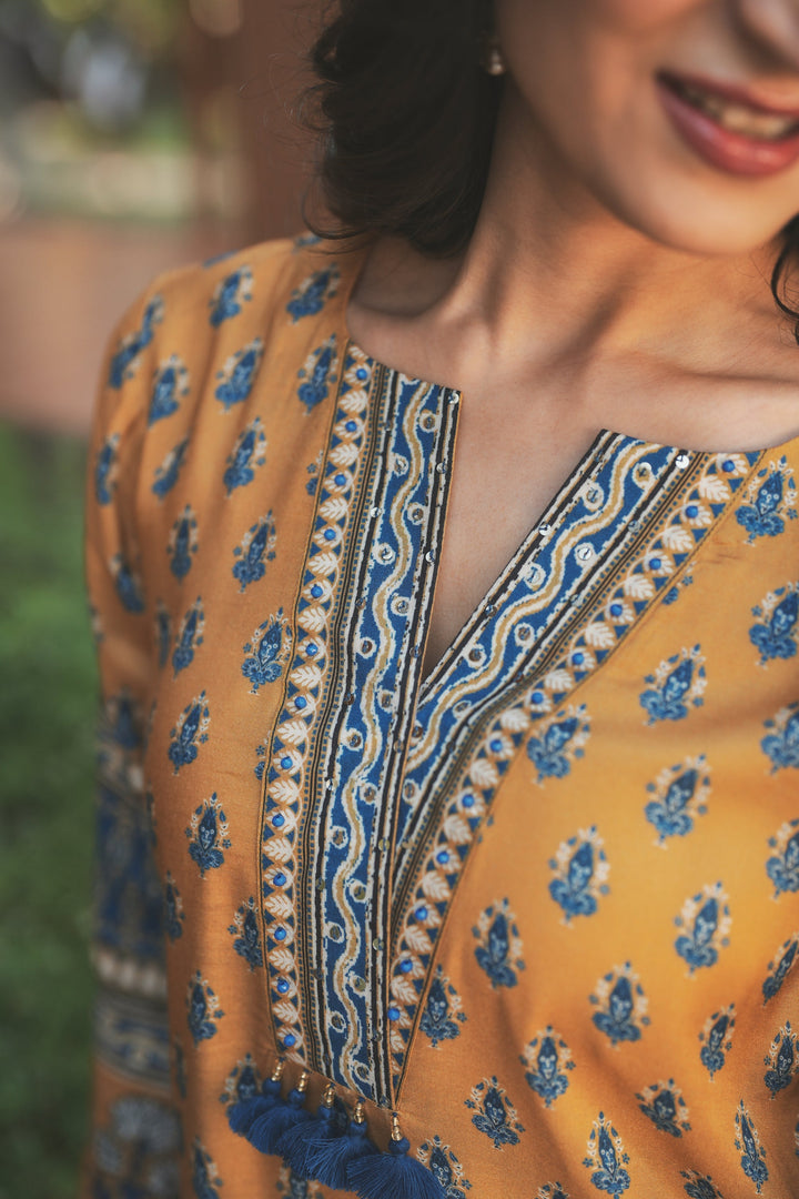 Yellow and Blue Block Print with Tassels Muslin C cut Kurta Pant Set- SET OF-2 | SHOBITAM
