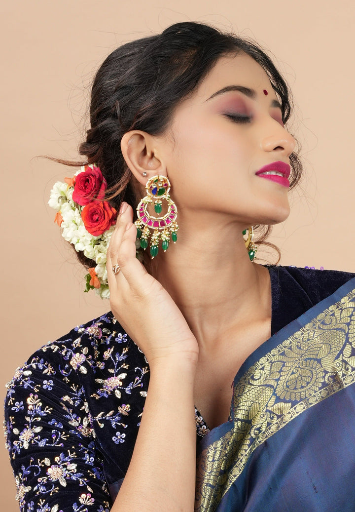 Chandbali Earrings with Pink, Green White & Blue Stones embedded in Jadau technique | Shobitam Jewelry