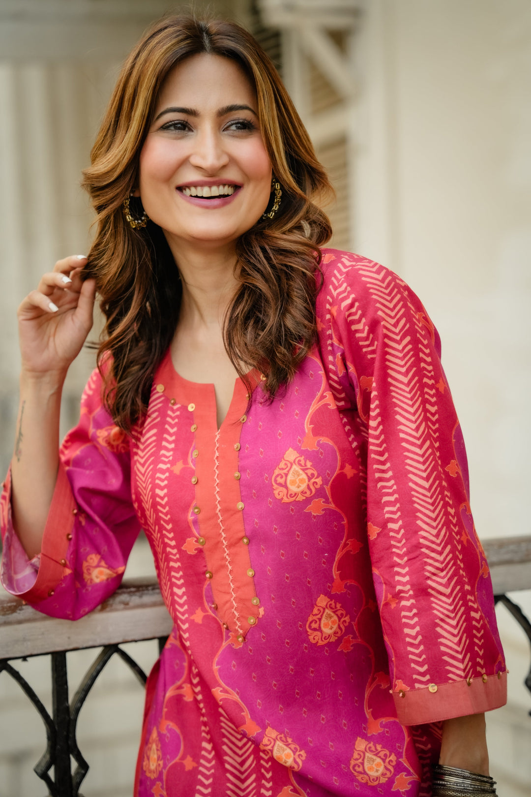 Pink and Orange Panel Print Muslin Kurta Set with Tassels on Sleeves- SET OF-2 | SHOBITAM