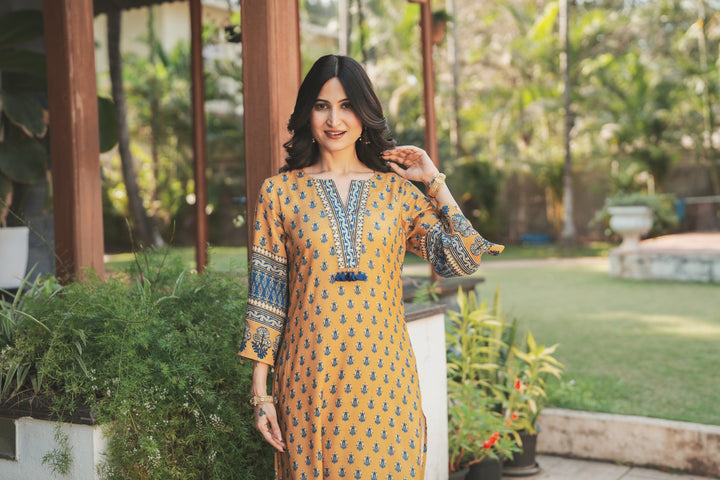 Yellow and Blue Block Print with Tassels Muslin C cut Kurta Pant Set- SET OF-2 | SHOBITAM