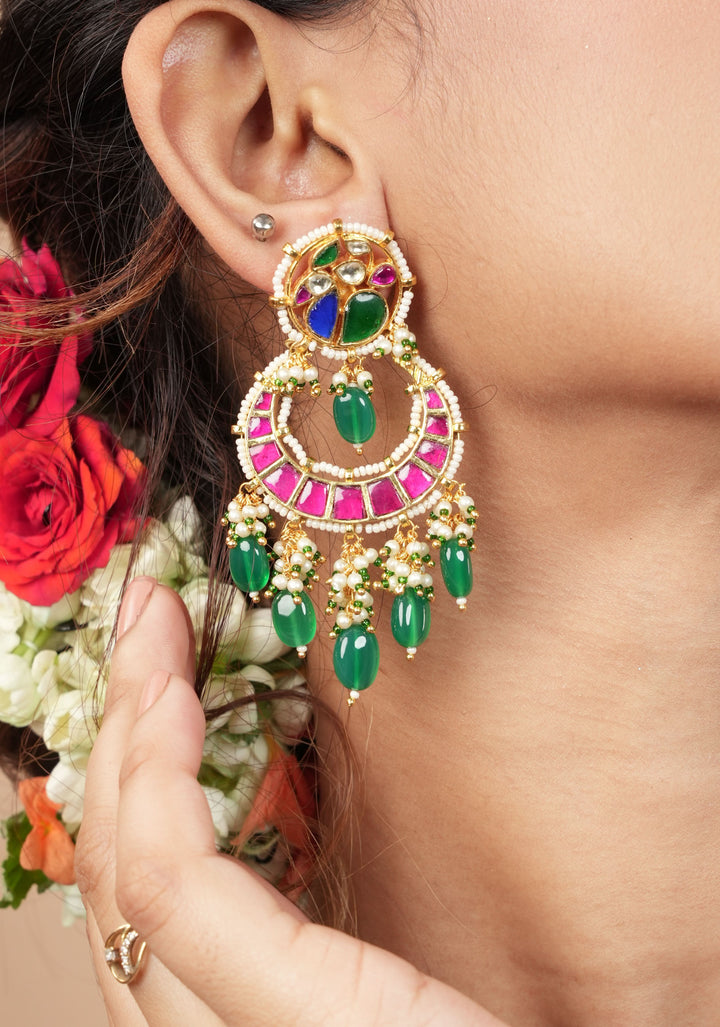 Chandbali Earrings with Pink, Green White & Blue Stones embedded in Jadau technique | Shobitam Jewelry