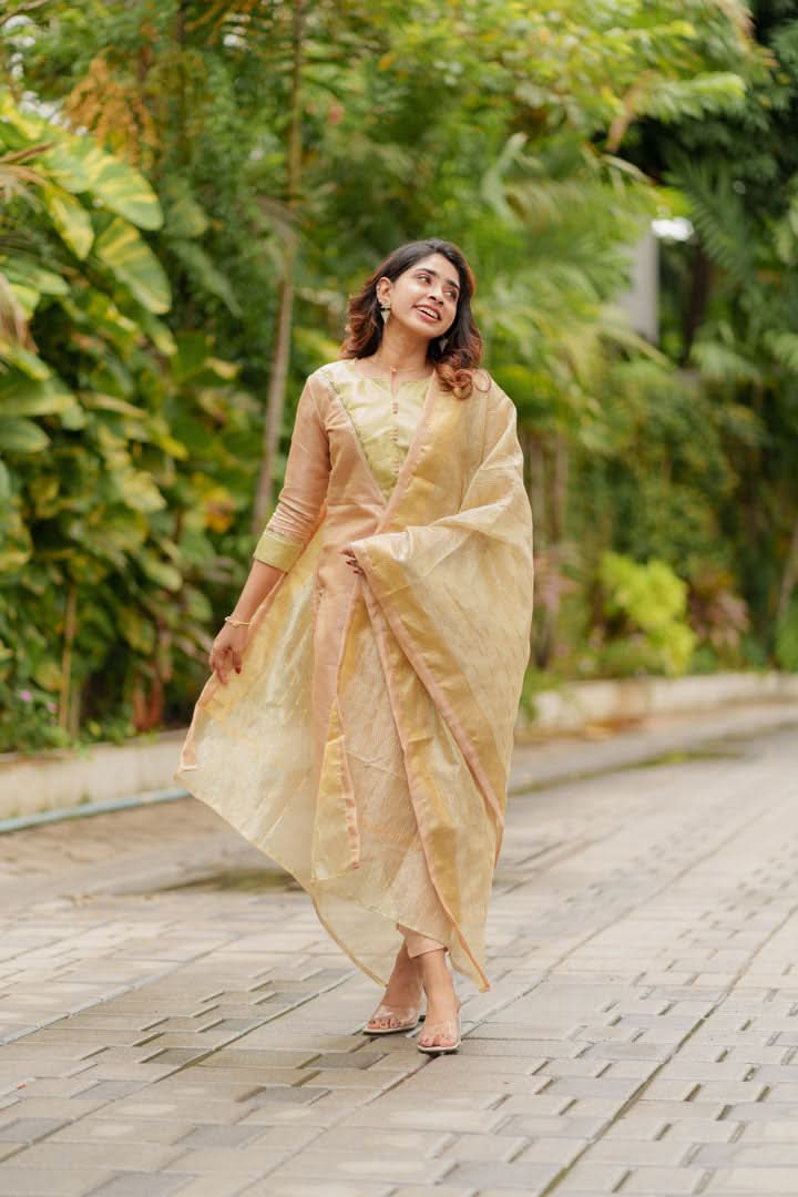 Abhinaya Beige Kurti, Pant, and Dupatta 3-Piece Set | Made to Order