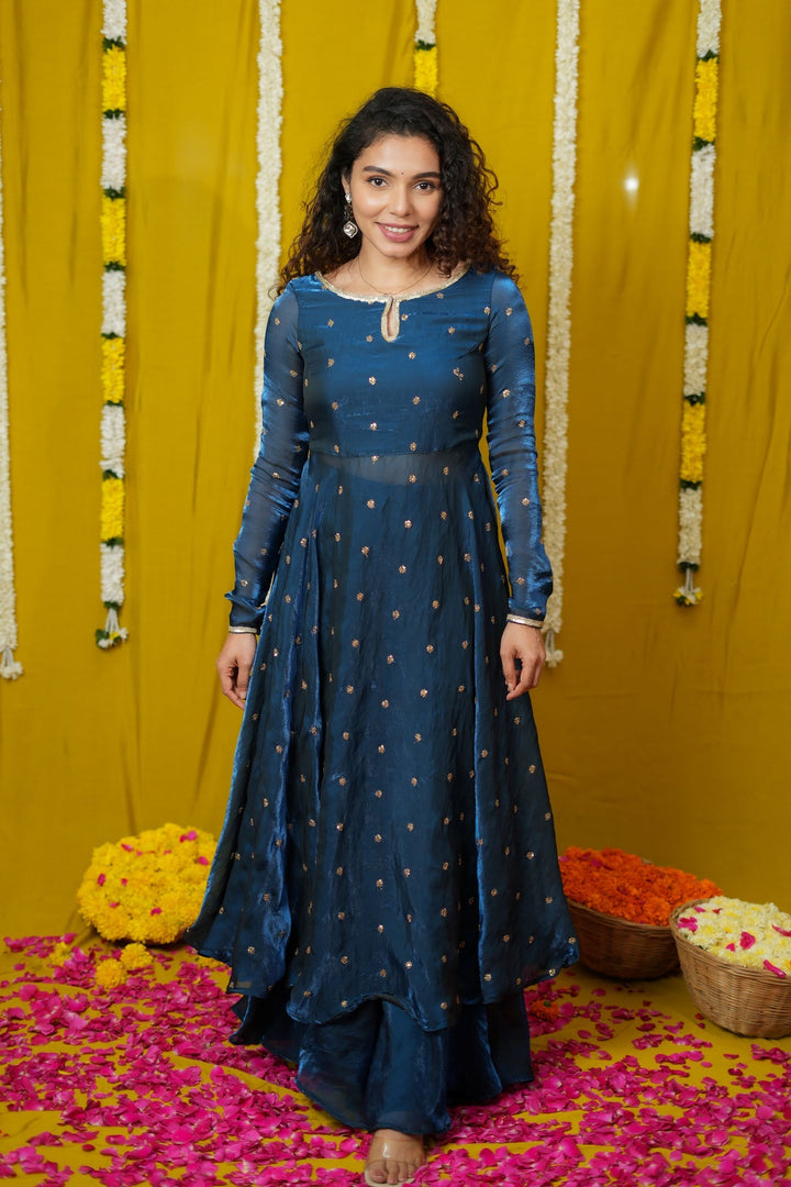 Pirainila Teal Anarkali Kurta (Set of 2) | Made to Order | SHOBITAM
