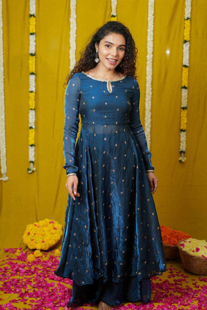 Pirainila Teal Anarkali Kurta (Set of 2) | Made to Order | SHOBITAM