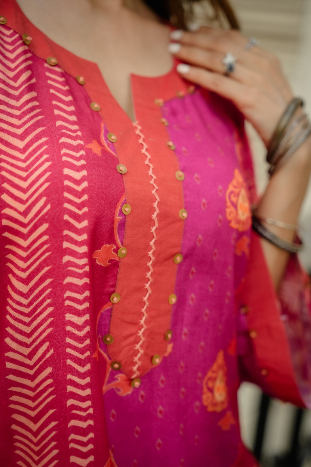 Pink and Orange Panel Print Muslin Kurta Set with Tassels on Sleeves- SET OF-2 | SHOBITAM