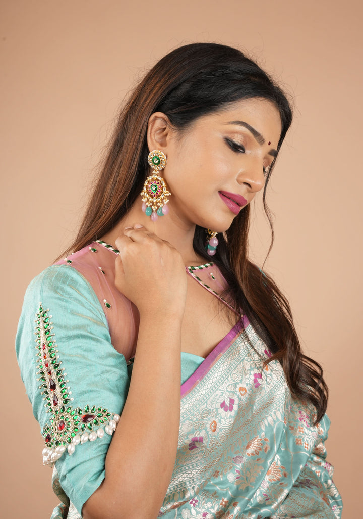 Mint Green Tissue Raw Silk Blouse with Jewel design Handwork and pastel pink sheer yoke, Customizable, Made to Order