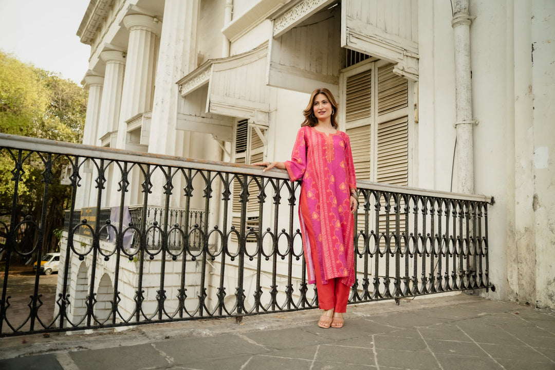 Pink and Orange Panel Print Muslin Kurta Set with Tassels on Sleeves- SET OF-2 | SHOBITAM