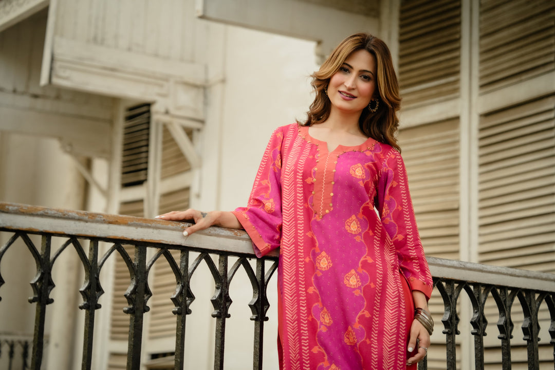 Pink and Orange Panel Print Muslin Kurta Set with Tassels on Sleeves- SET OF-2 | SHOBITAM
