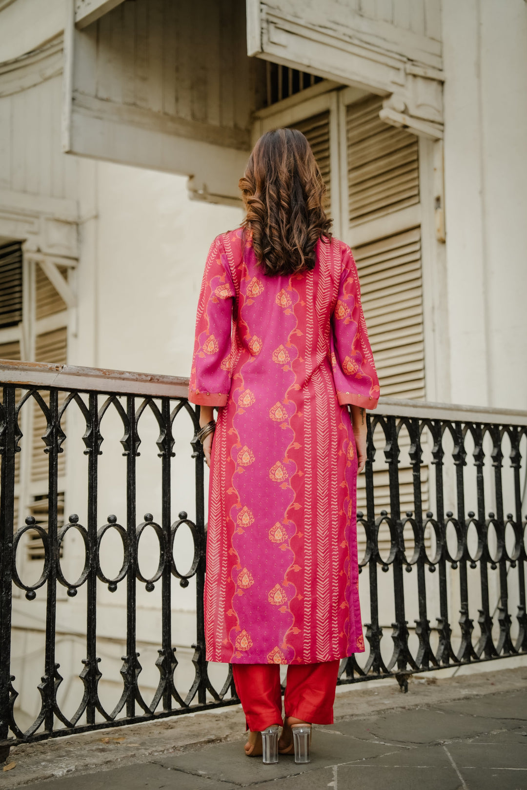 Pink and Orange Panel Print Muslin Kurta Set with Tassels on Sleeves- SET OF-2 | SHOBITAM