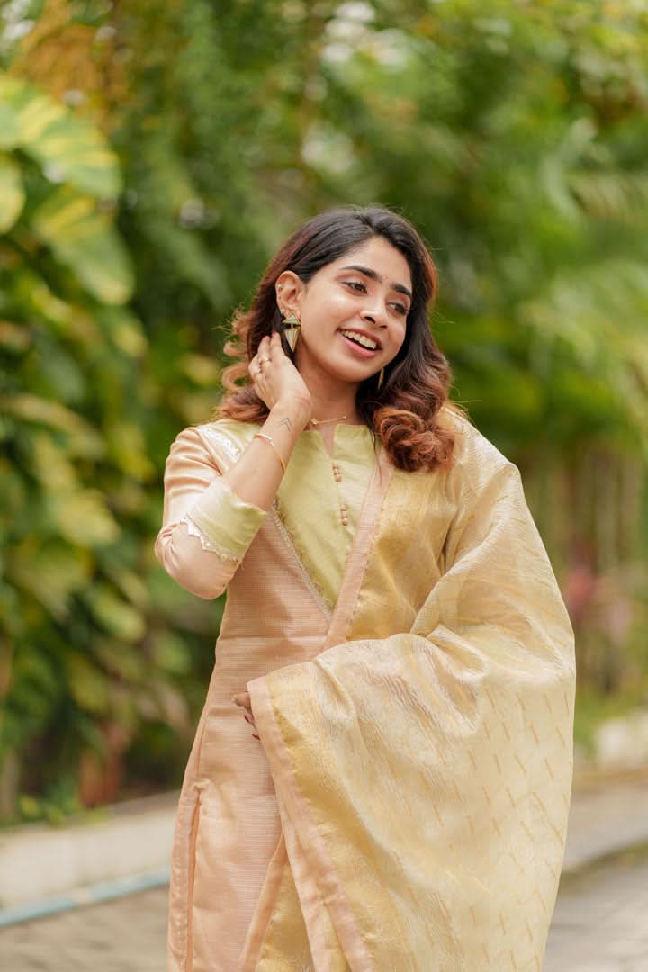 Abhinaya Beige Kurti, Pant, and Dupatta 3-Piece Set | Made to Order