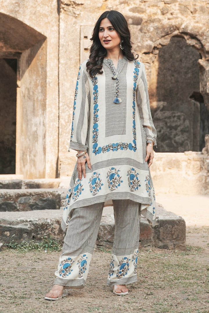Grey and Blue Block Print Muslin Kurta Pant Coord Set- SET OF-2  | SHOBITAM