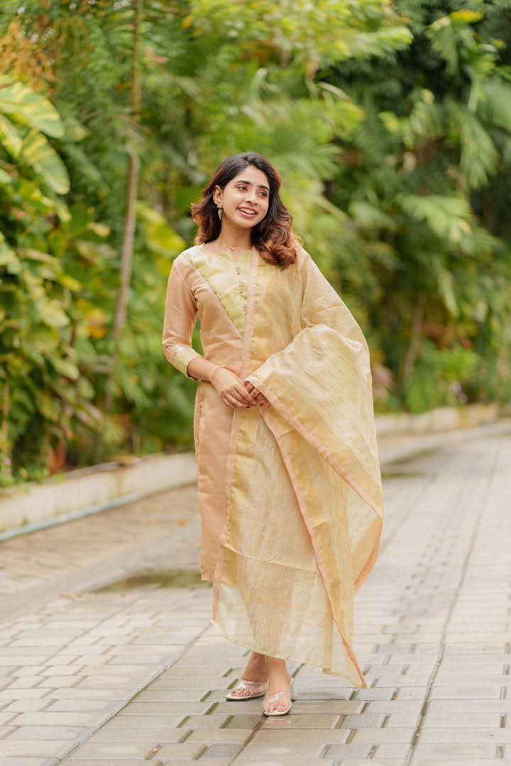 Abhinaya Beige Kurti, Pant, and Dupatta 3-Piece Set | Made to Order