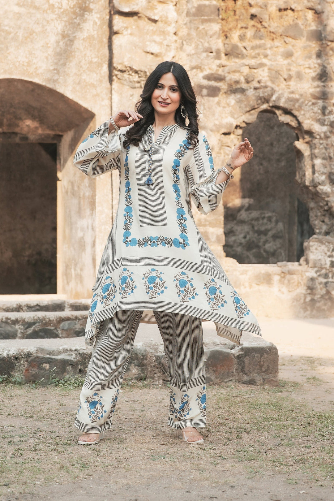 Grey and Blue Block Print Muslin Kurta Pant Coord Set- SET OF-2  | SHOBITAM