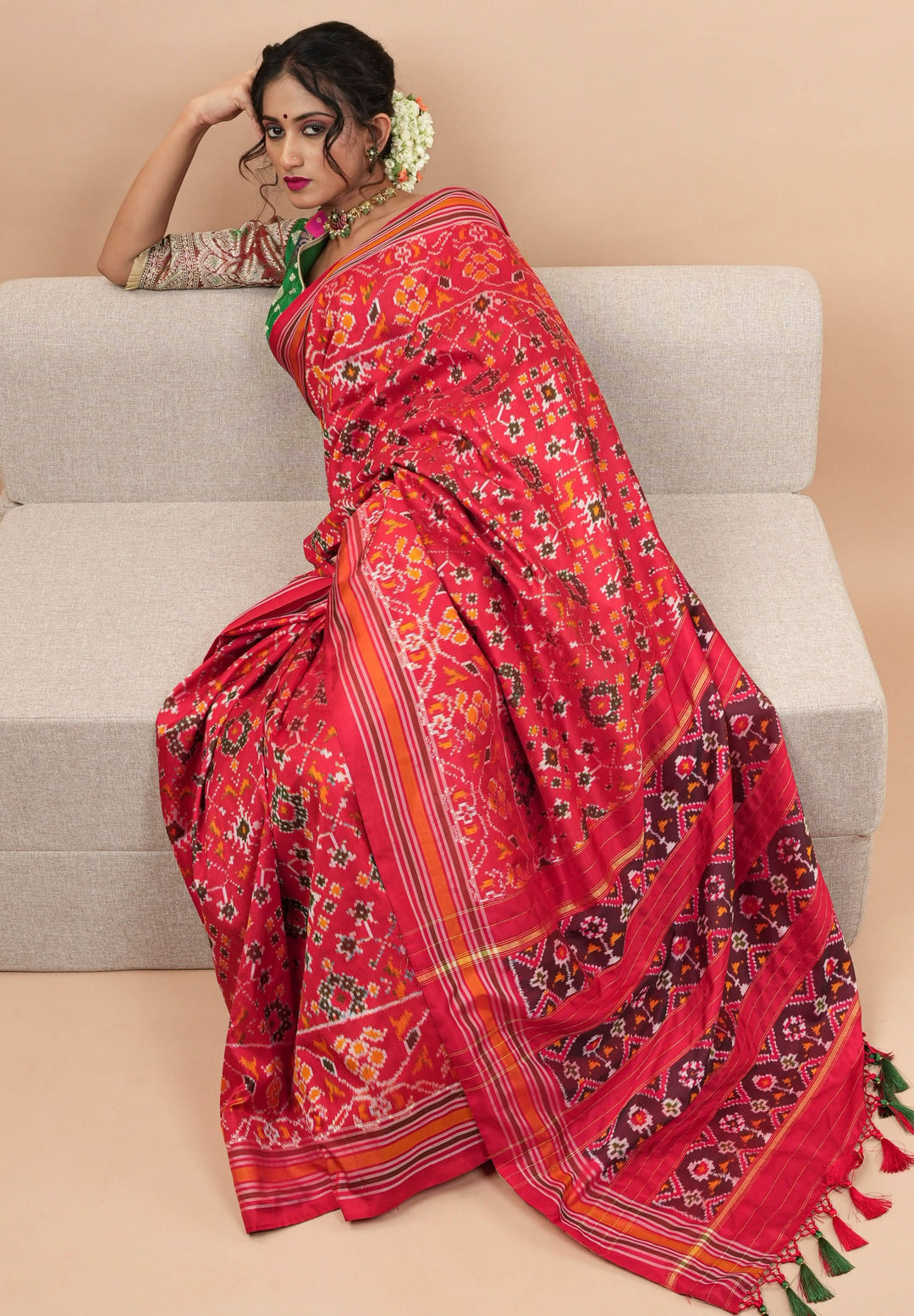 Ikkat Patola Design Pure Silk Pochampalli Saree in Red  | SILK MARK CERTIFIED