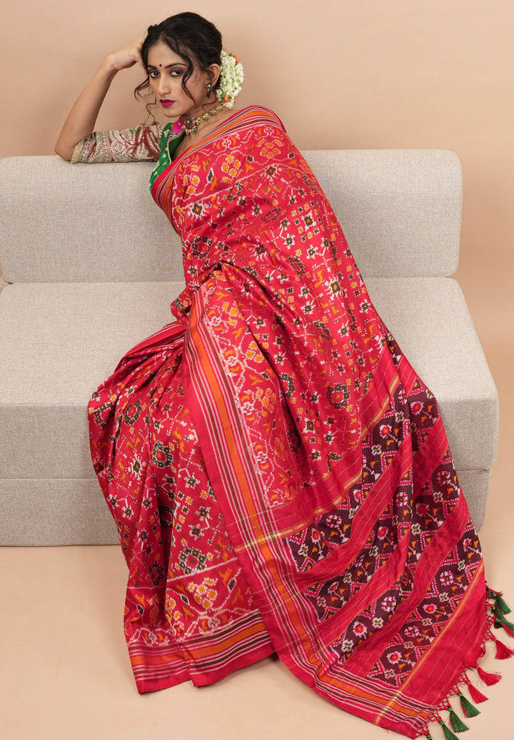 Ikkat Patola Design Pure Silk Pochampalli Saree in Red  | SILK MARK CERTIFIED