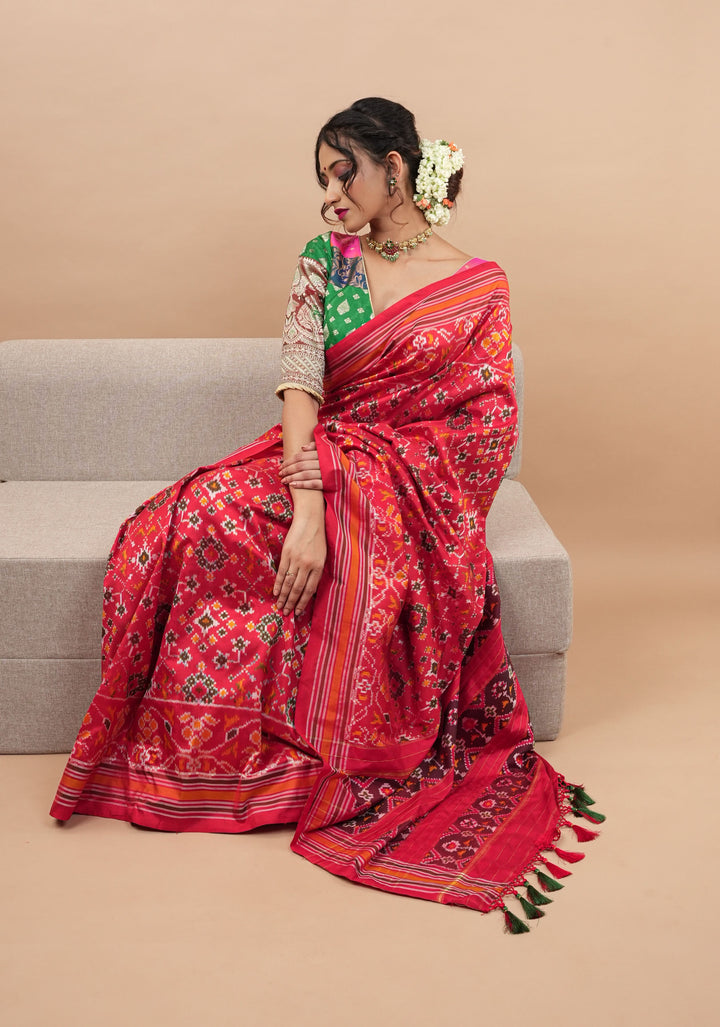 Ikkat Patola Design Pure Silk Pochampalli Saree in Red  | SILK MARK CERTIFIED