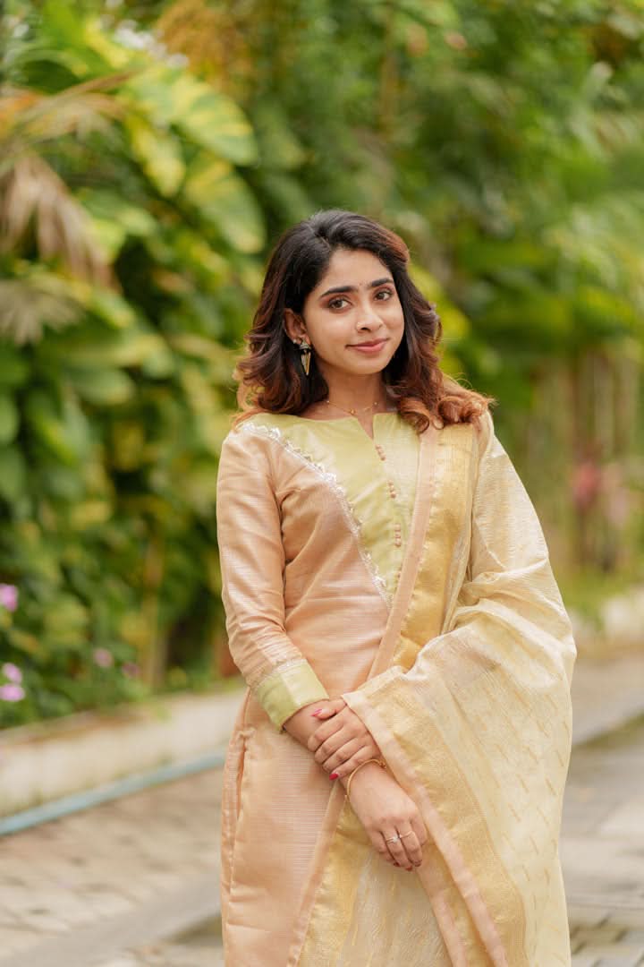 Abhinaya Beige Kurti, Pant, and Dupatta 3-Piece Set | Made to Order