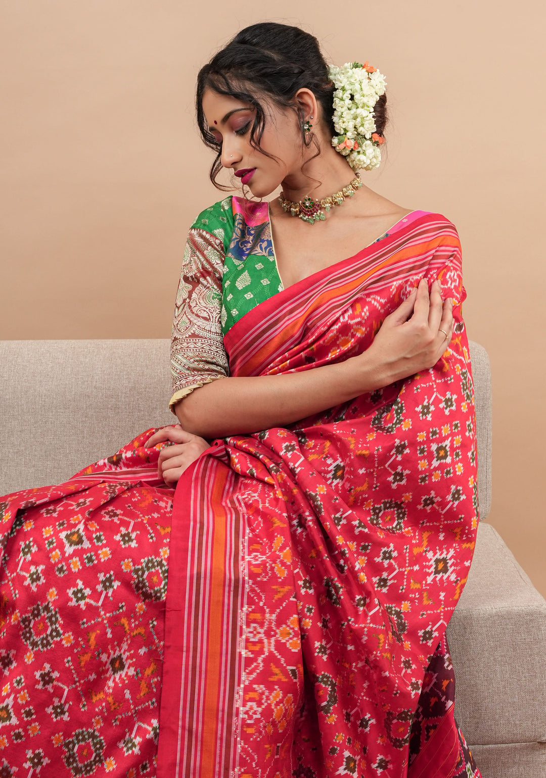 Ikkat Patola Design Pure Silk Pochampalli Saree in Red  | SILK MARK CERTIFIED