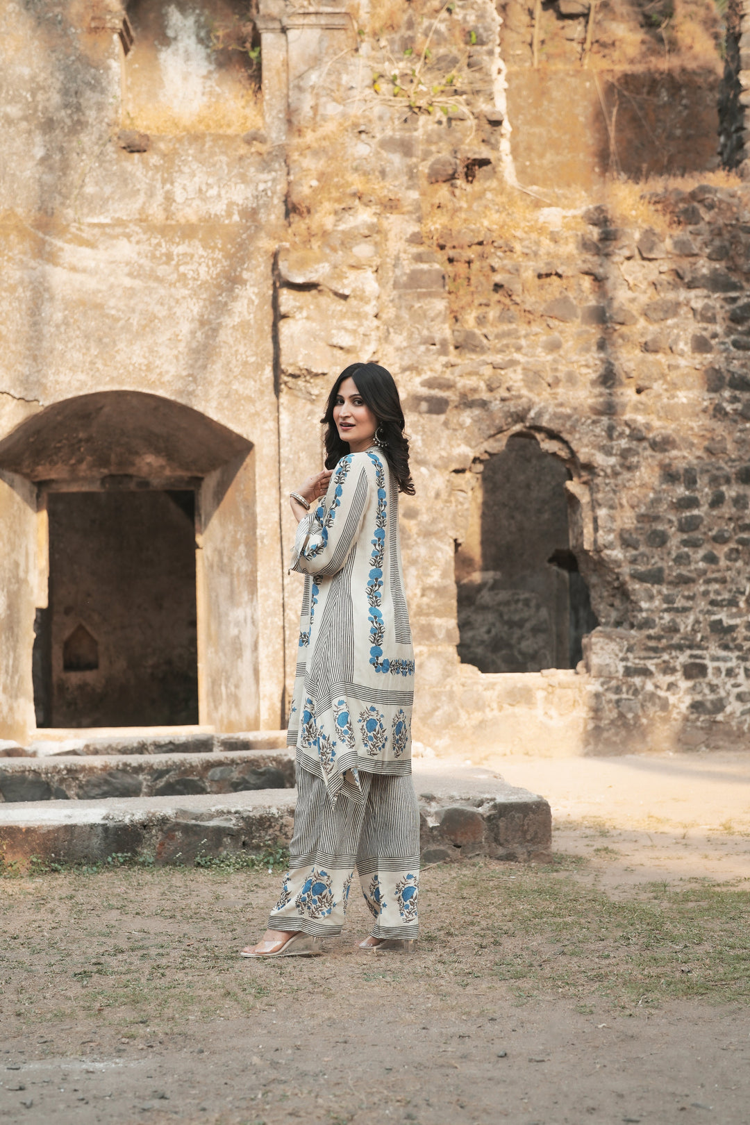 Grey and Blue Block Print Muslin Kurta Pant Coord Set- SET OF-2  | SHOBITAM