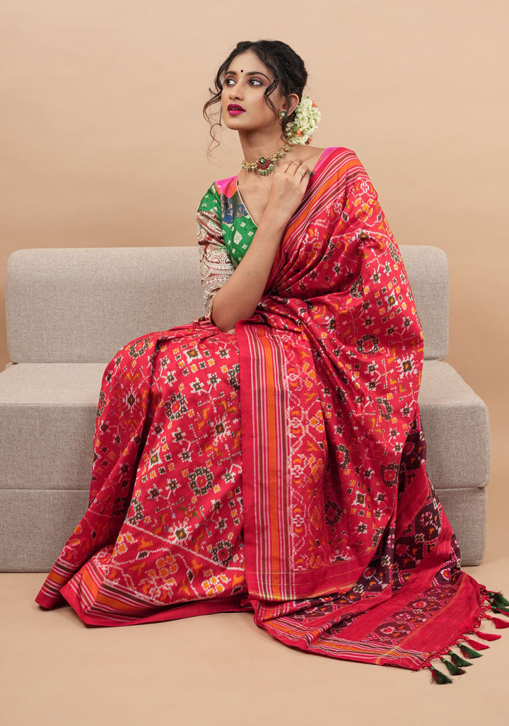 Ikkat Patola Design Pure Silk Pochampalli Saree in Red  | SILK MARK CERTIFIED