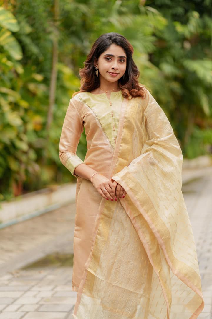 Abhinaya Beige Kurti, Pant, and Dupatta 3-Piece Set | Made to Order
