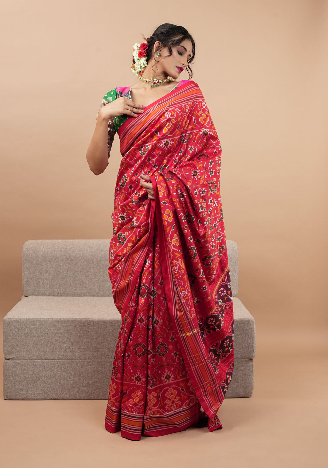 Ikkat Patola Design Pure Silk Pochampalli Saree in Red  | SILK MARK CERTIFIED