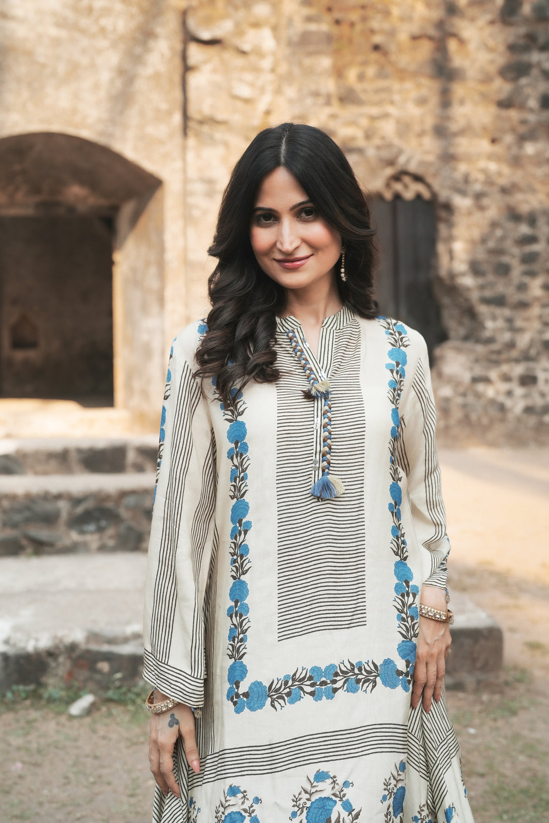 Grey and Blue Block Print Muslin Kurta Pant Coord Set- SET OF-2  | SHOBITAM