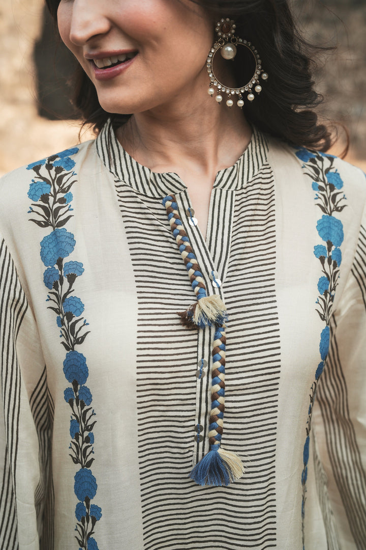 Grey and Blue Block Print Muslin Kurta Pant Coord Set- SET OF-2  | SHOBITAM