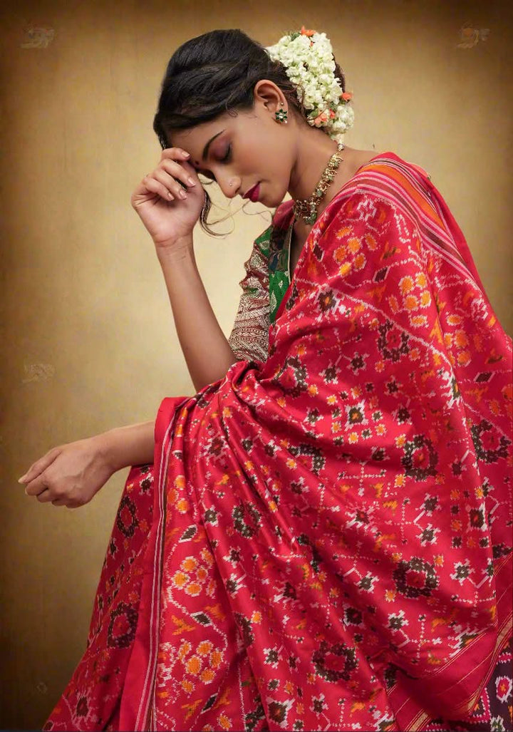 Ikkat Patola Design Pure Silk Pochampalli Saree in Red  | SILK MARK CERTIFIED
