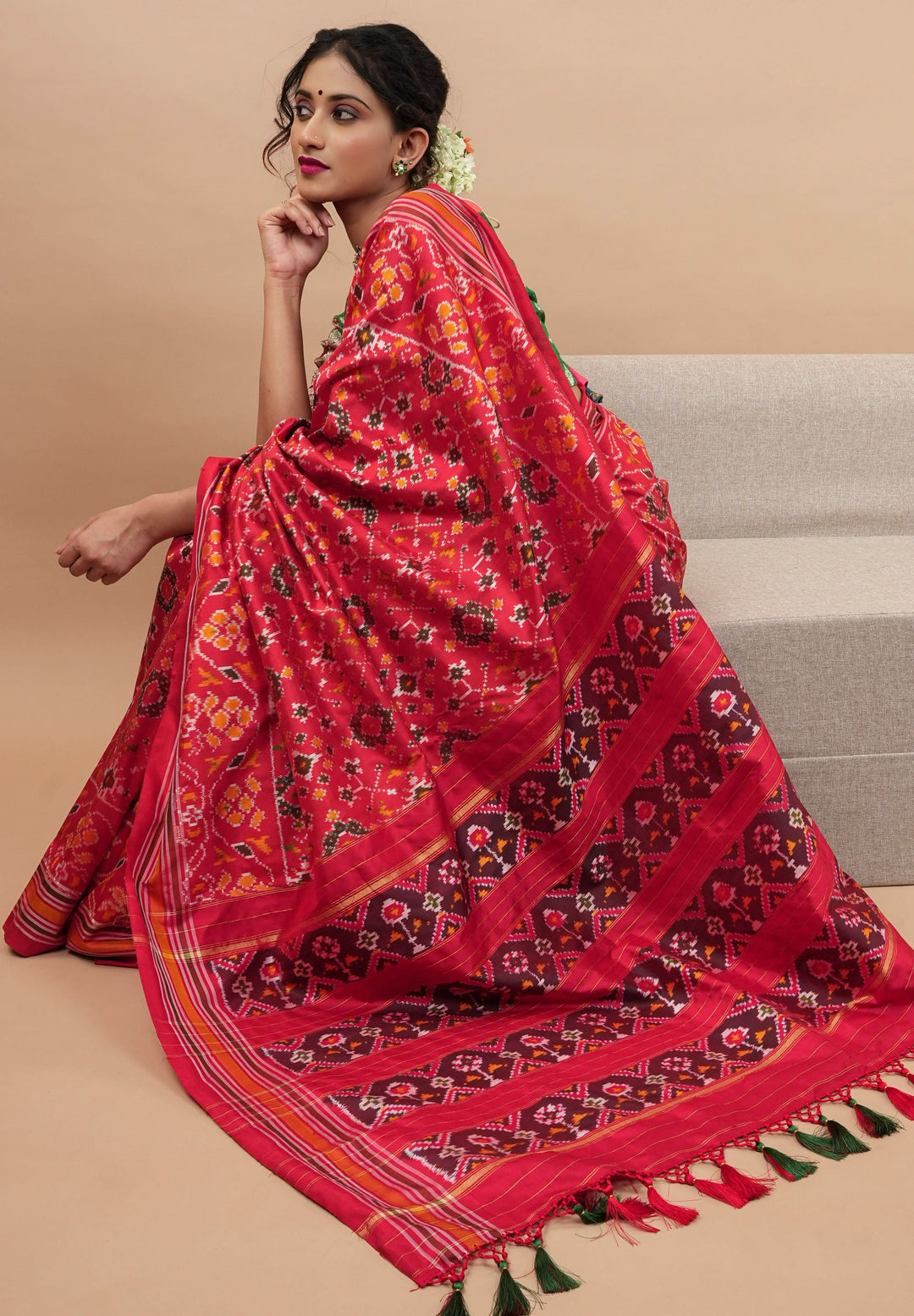 Ikkat Patola Design Pure Silk Pochampalli Saree in Red  | SILK MARK CERTIFIED
