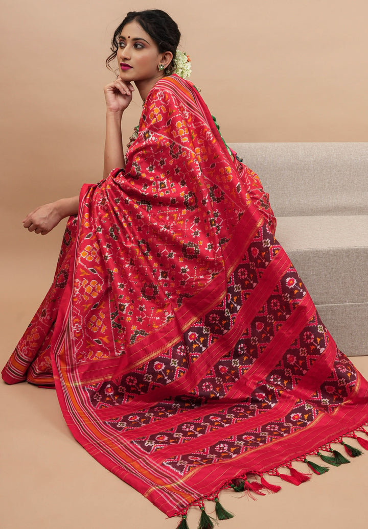 Ikkat Patola Design Pure Silk Pochampalli Saree in Red  | SILK MARK CERTIFIED