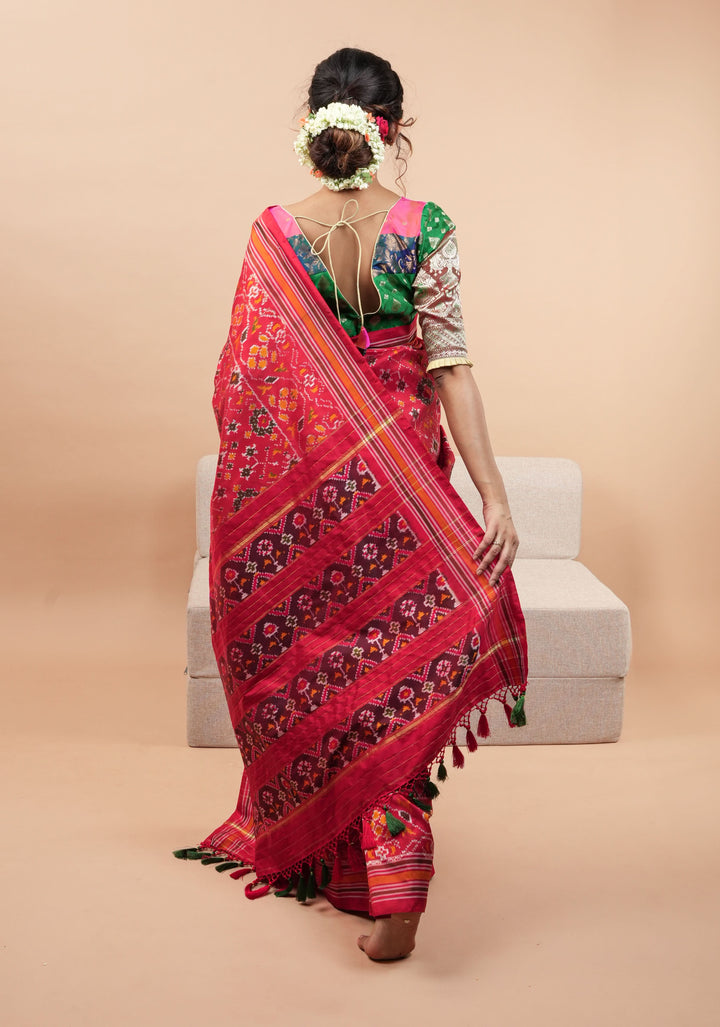 Ikkat Patola Design Pure Silk Pochampalli Saree in Red  | SILK MARK CERTIFIED