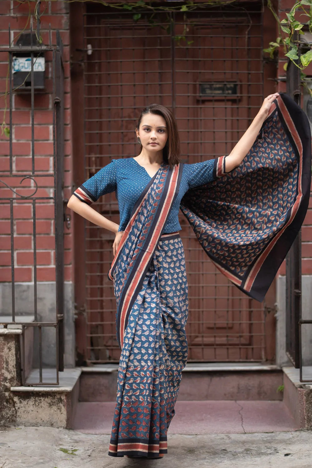 Indigo Bird Hand Block Print Saree | SHOBITAM