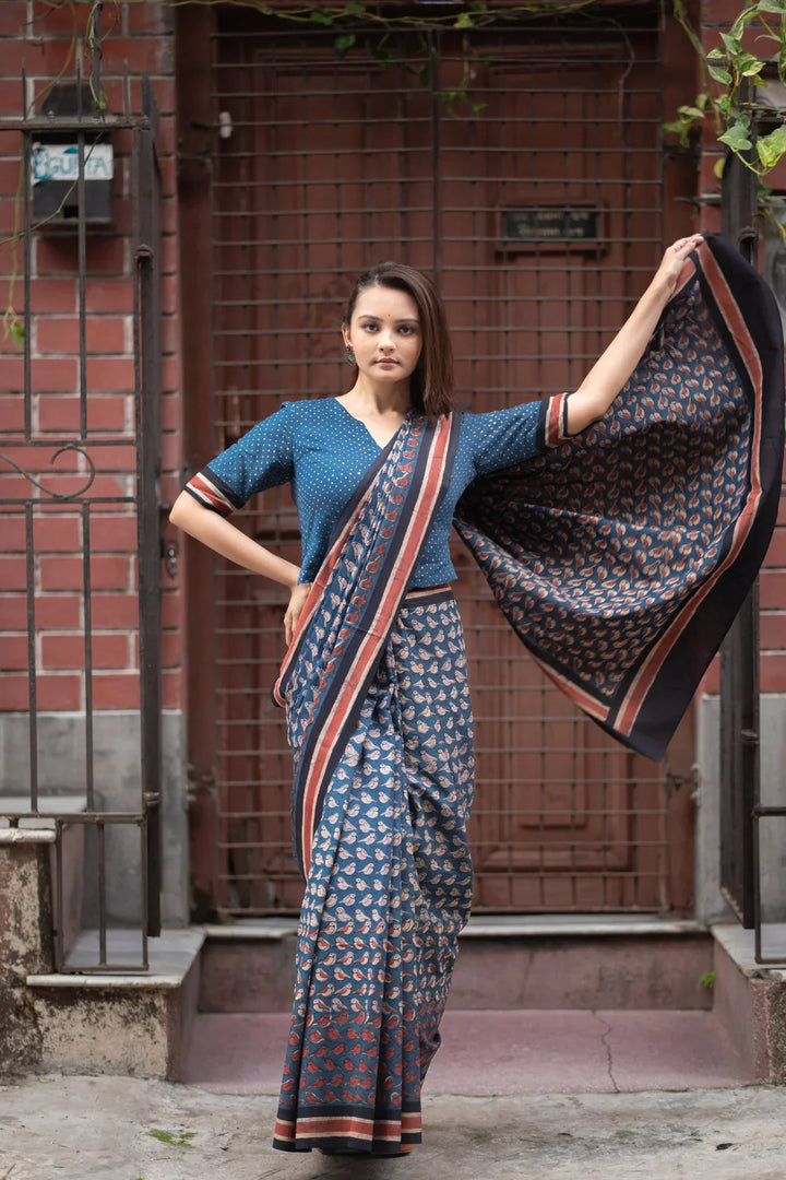 Indigo Bird Hand Block Print Saree | SHOBITAM