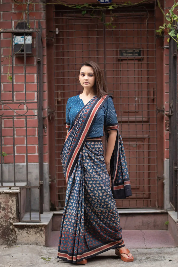 Indigo Bird Hand Block Print Saree | SHOBITAM