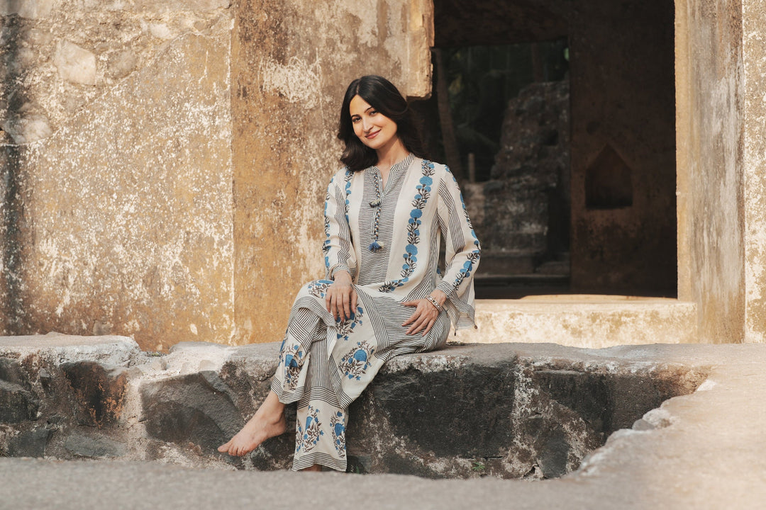 Grey and Blue Block Print Muslin Kurta Pant Coord Set- SET OF-2  | SHOBITAM
