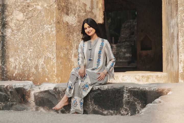Grey and Blue Block Print Muslin Kurta Pant Coord Set- SET OF-2  | SHOBITAM
