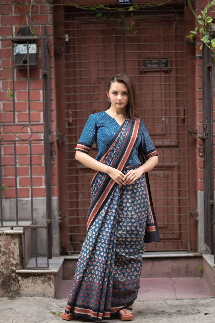 Indigo Bird Hand Block Print Saree | SHOBITAM