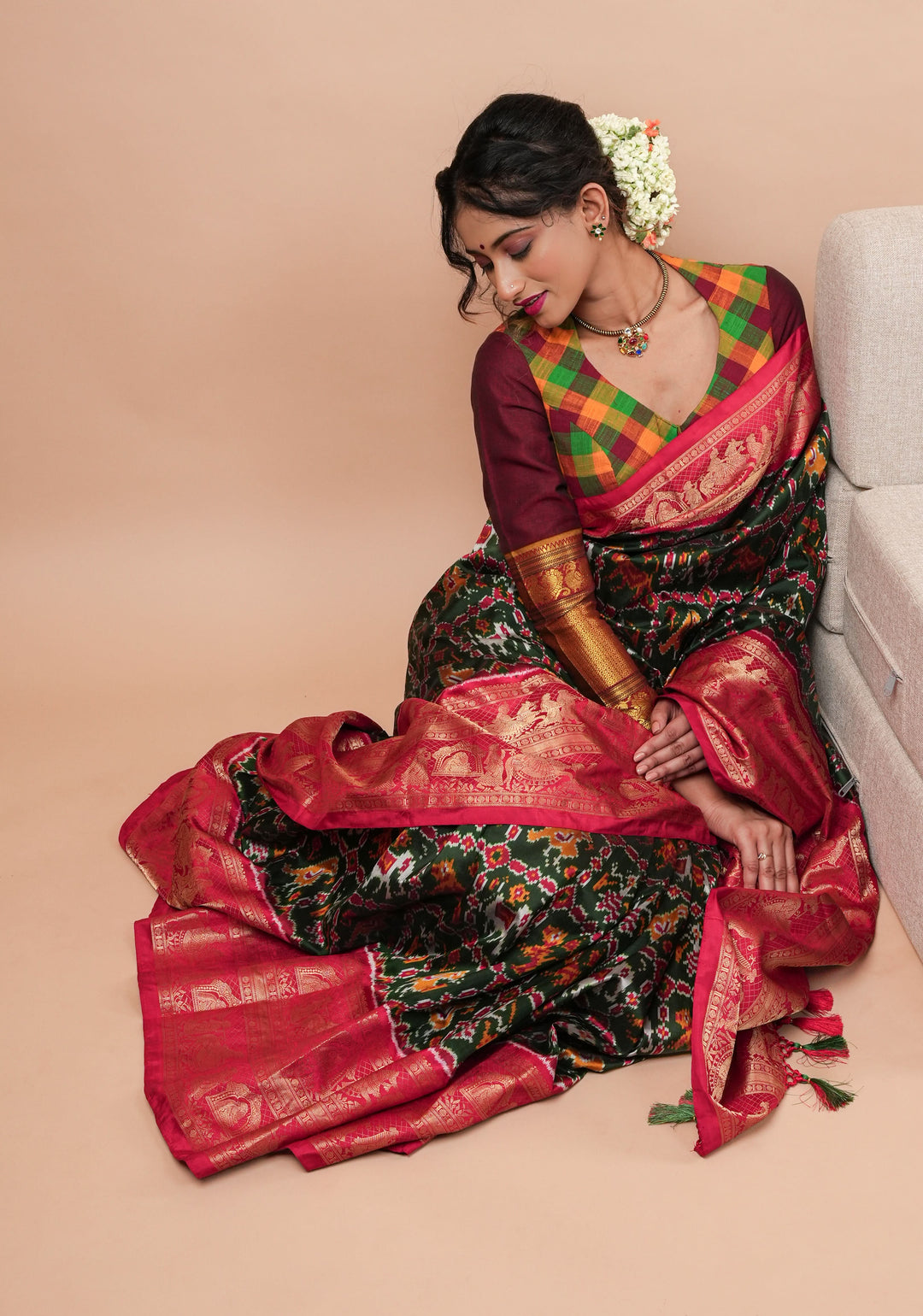 Exquisite Ikkat Kanjivaram Fusion Silk Saree in Deep Green with Grand Pallu and Wide Zari Border | SILK MARK CERTIFIED