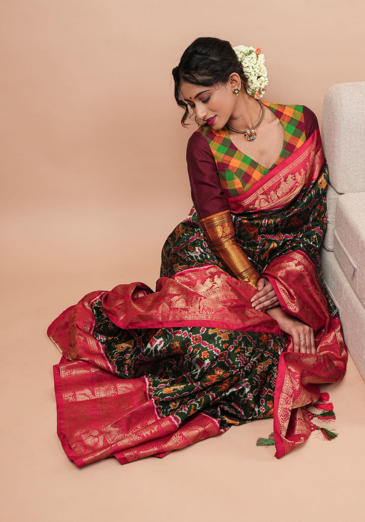 Exquisite Ikkat Kanjivaram Fusion Silk Saree in Deep Green with Grand Pallu and Wide Zari Border | SILK MARK CERTIFIED