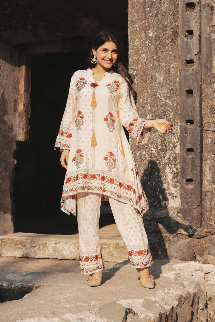 Red and Yellow Mughal Print Muslin Kurta Pant Coord Set-SET OF-2 | SHOBITAM