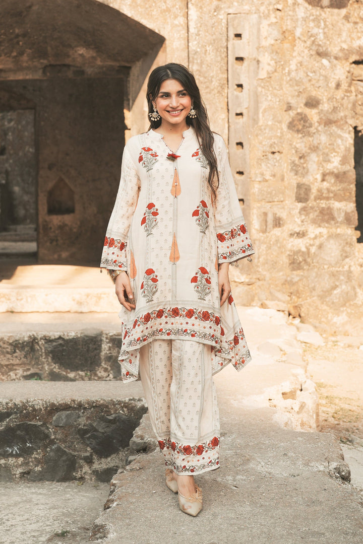 Red and Yellow Mughal Print Muslin Kurta Pant Coord Set-SET OF-2 | SHOBITAM