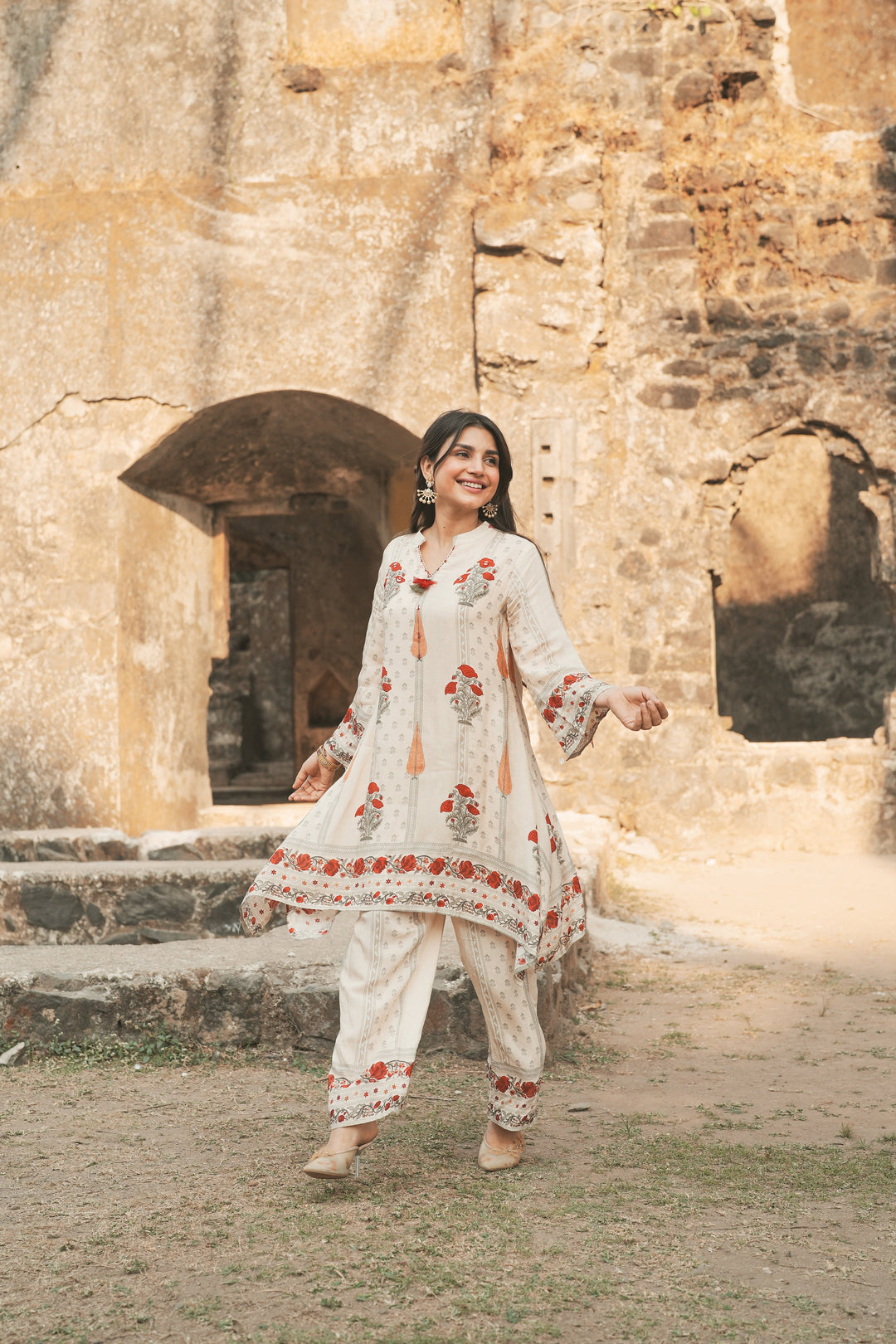 Red and Yellow Mughal Print Muslin Kurta Pant Coord Set-SET OF-2 | SHOBITAM
