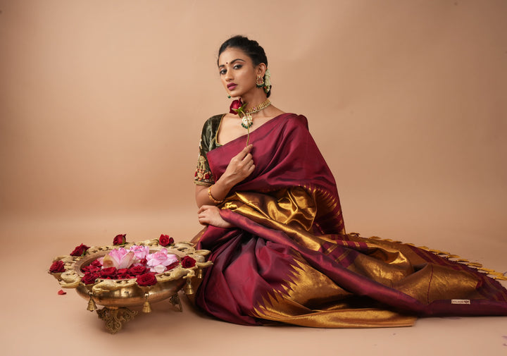 Celebrity design Rising Border Kanjivaram Pure Silk Saree in Maroon, Zari Border | SILK MARK CERTIFIED